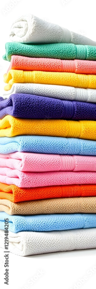 A neatly folded stack of colorful towels, isolated on white background, full depth of field