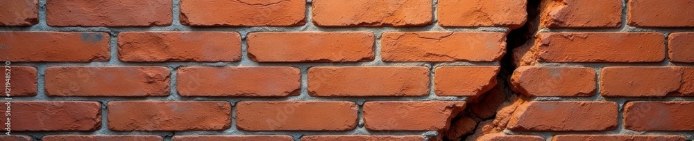 Brick wall with large vertical crack and crumbling mortar, mortar, brick, structural Brick wall with large vertical crack and crumbling mortar, mortar, brick, structural