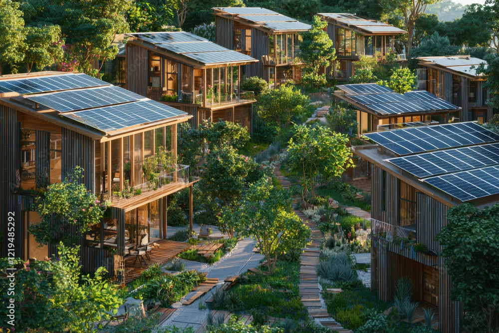 Fototapeta premium A sustainable eco-village with modern houses surrounded by lush greenery and solar panels.