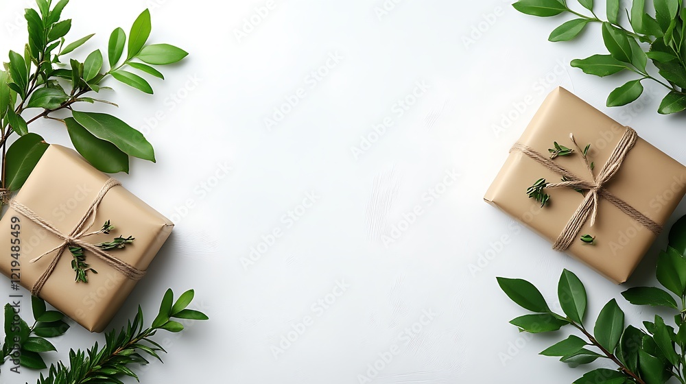 Two Eco Friendly Gifts Wrapped With Greenery Two Eco Friendly Gifts Wrapped With Greenery