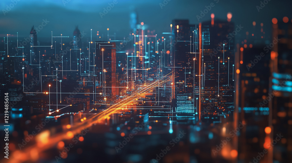 Obraz premium Smart digital Innovation city with connection network reciprocity over the twilight cityscape. of future smart wireless digital city and social media networking systems that connects people with city 