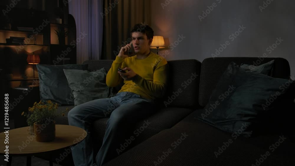 Young man in the evening after work relaxing at home, sitting on the sofa in living room watching tv, switching channels with remote, talking on smartphone. Young man in the evening after work relaxing at home, sitting on the sofa in living room watching tv, switching channels with remote, talking on smartphone.