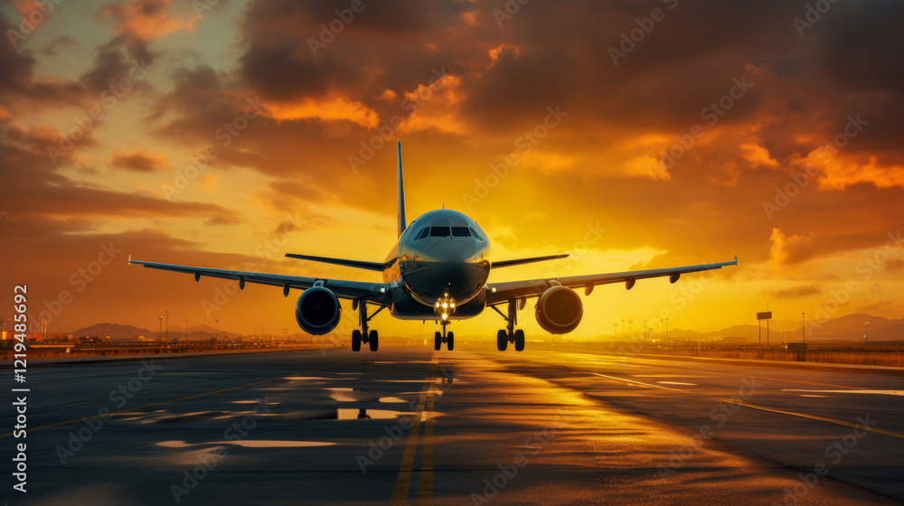 Airplane on runway beneath dramatic clouds and glowing sky on background. Amazing sunset, twilight. Symbolizing travel and adventure. Copy space. Airplane on runway beneath dramatic clouds and glowing sky on background. Amazing sunset, twilight. Symbolizing travel and adventure. Copy space.
