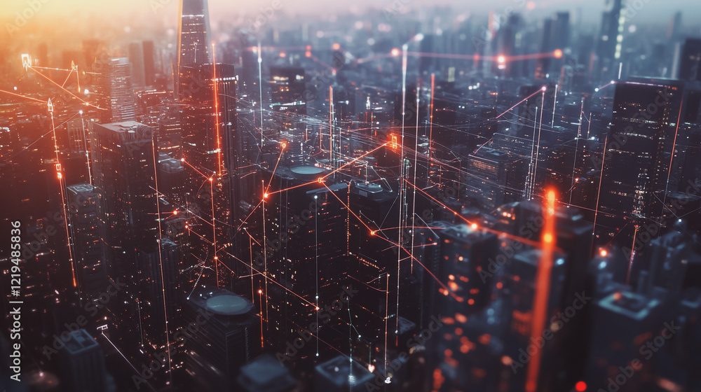 Fototapeta premium Smart digital Innovation city with connection network reciprocity over the twilight cityscape. of future smart wireless digital city and social media networking systems that connects people with city 