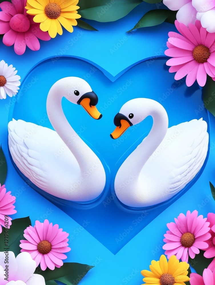 Obraz premium A Lovely Swan Couple's Heart-Shaped Swim - Two charming 3D cartoon swans swim together in a heart-shaped pool, surrounded by vibrant flowers, symbolizing love, unity, romance, nature, and joy.