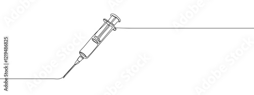 Single continuous line drawing. Syringe, medical equipment. line art vector illustration with transparent background editable stroke.