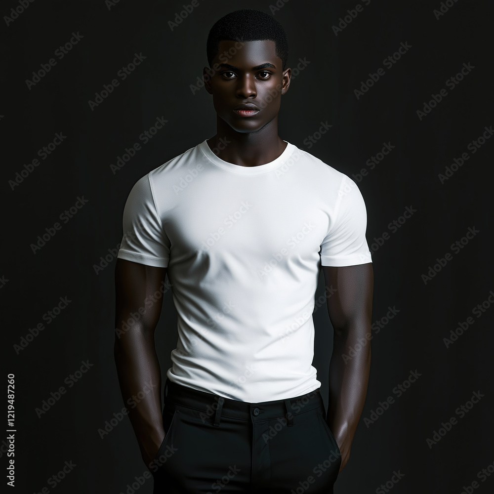 Minimalistic Style Portrait. Good looking black male model wearing a white t shirt and black pants Minimalistic Style Portrait. Good looking black male model wearing a white t shirt and black pants