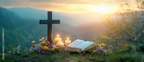 Fototapeta Naklejka Na Ścianę i Meble -  A cross and a book sit atop a hill surrounded by blooming flowers, symbolizing hope and renewal during Easter.