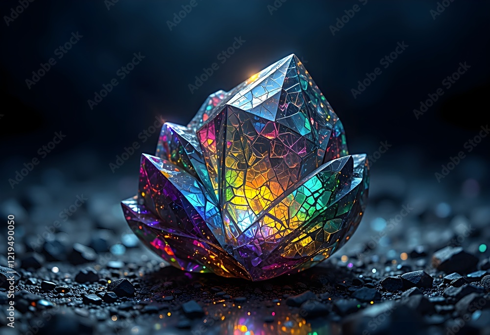 Fototapeta premium A rainbow obsidian crystal radiating colorful lights