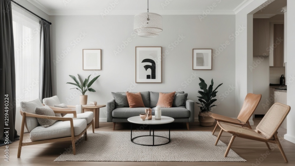 Fototapeta premium A Modern Living Room with a Grey Sofa and Natural Colors