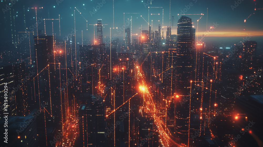 Fototapeta premium Smart digital Innovation city with connection network reciprocity over the twilight cityscape. of future smart wireless digital city and social media networking systems that connects people with city