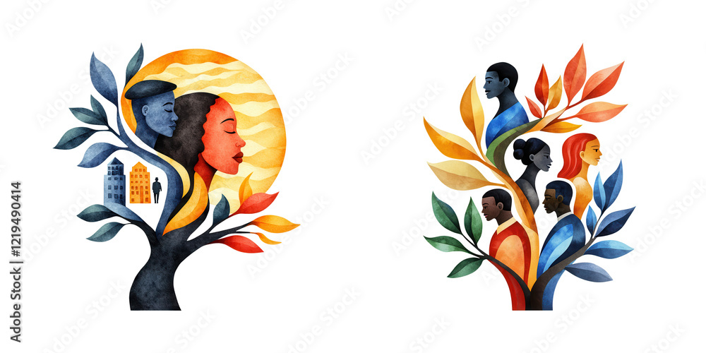 Obraz premium The image features vibrant, artistic representations of human faces intertwined with a tree, symbolizing growth and community.