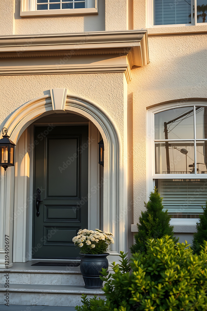 Elegant Home Exterior: Modern Architecture and Landscaping Design. A captivating image of a house's inviting entrance, showcasing beautiful architecture and landscaping. Elegant Home Exterior: Modern Architecture and Landscaping Design. A captivating image of a house's inviting entrance, showcasing beautiful architecture and landscaping.
