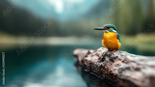 A lively kingfisher perches on a branch over still waters, capturing the essence of nature with its bright coloration set against a dreamy blurred backdrop of greenery. photo