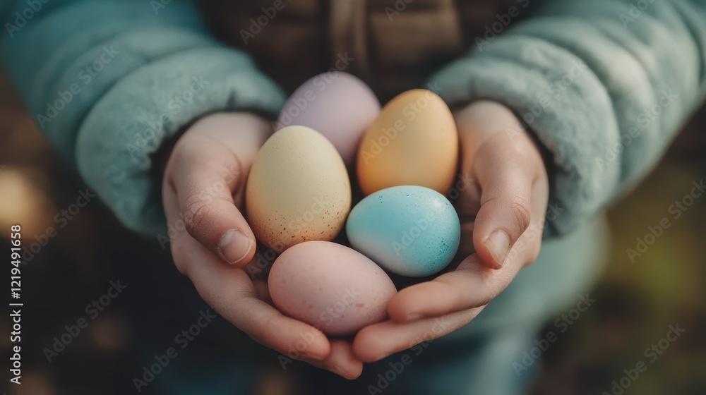 A person holds four colorful eggs in their hands, symbolizing the celebration of Easter. A person holds four colorful eggs in their hands, symbolizing the celebration of Easter.