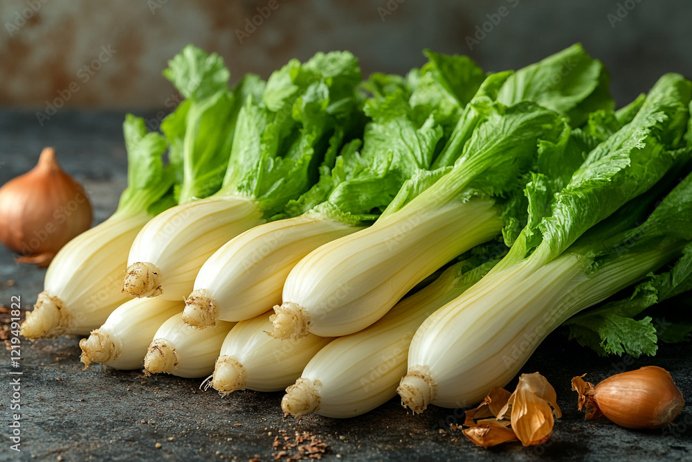 Fresh White Vegetables and Green Leaves On Dark Surface Fresh White Vegetables and Green Leaves On Dark Surface