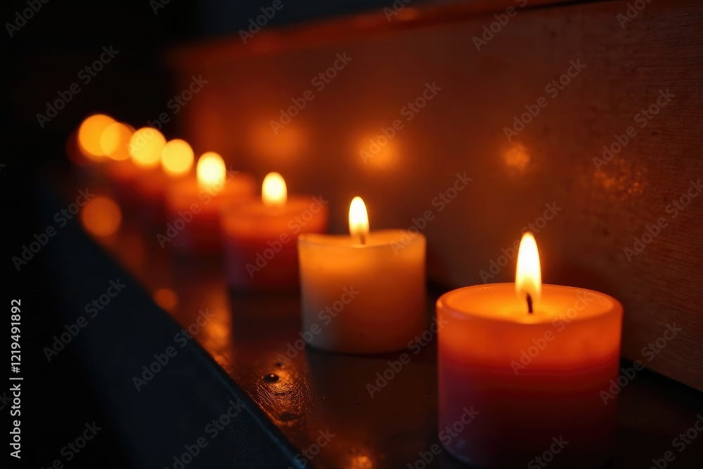 Burning candles create a sense of reverence and solemnity in a dark, dimly lit space, loss, mourning, candles Burning candles create a sense of reverence and solemnity in a dark, dimly lit space, loss, mourning, candles