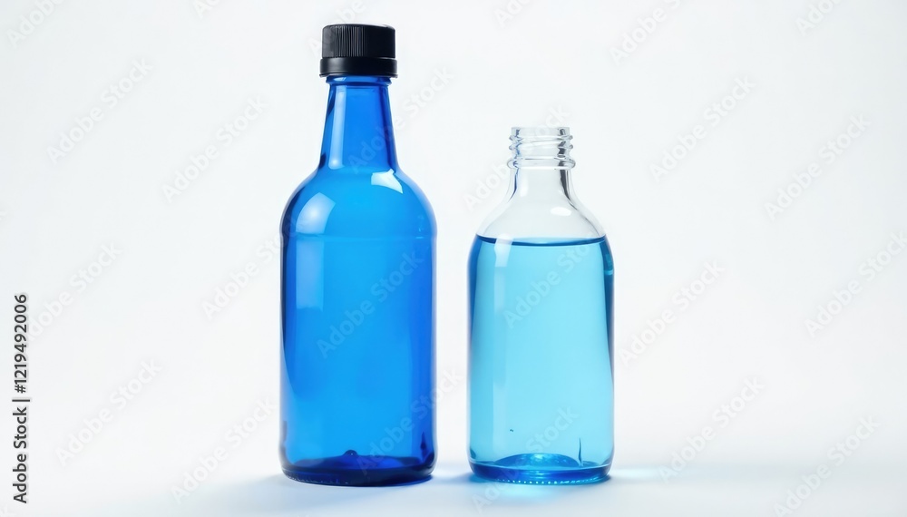 Blue bottle cap and glass bottle side by side on white background, glass, cap, container Blue bottle cap and glass bottle side by side on white background, glass, cap, container