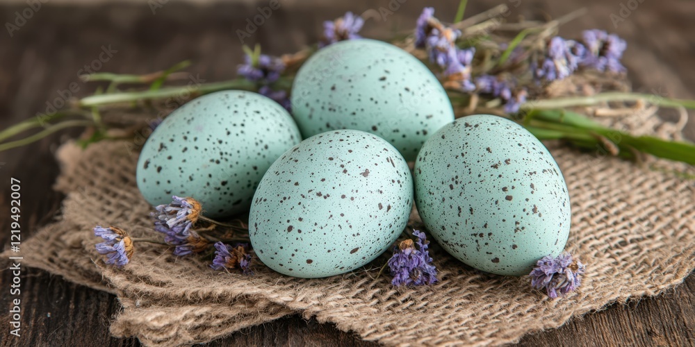 Obraz premium Three speckled eggs rest on a burlap cloth, symbolizing the joy and renewal of the Easter season.