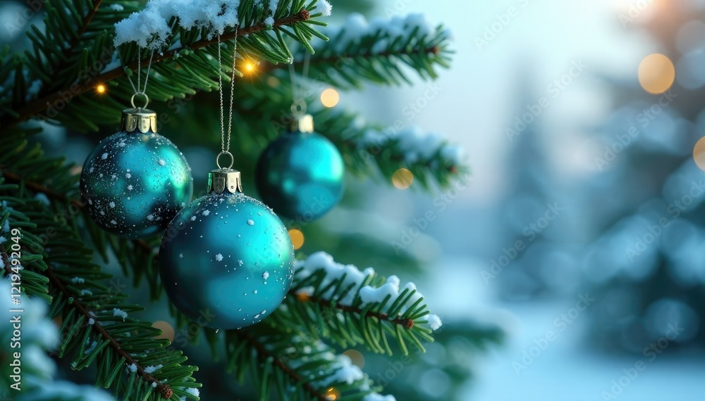 Blue and green glass ornaments hanging from a large fir branch, seasonal decor, icy Blue and green glass ornaments hanging from a large fir branch, seasonal decor, icy