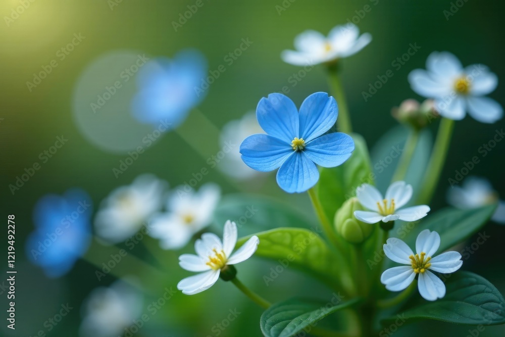 A single blue forget-me-not blooms amidst other small white flowers in a garden vase, tiny blooms, forget me not A single blue forget-me-not blooms amidst other small white flowers in a garden vase, tiny blooms, forget me not