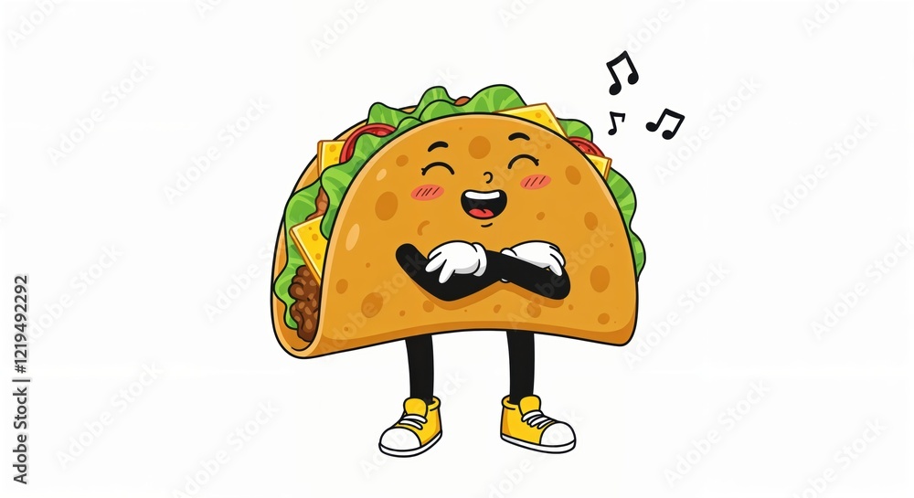 Fototapeta premium Happy singing taco cartoon with cheese, eyes closed, and musical notes