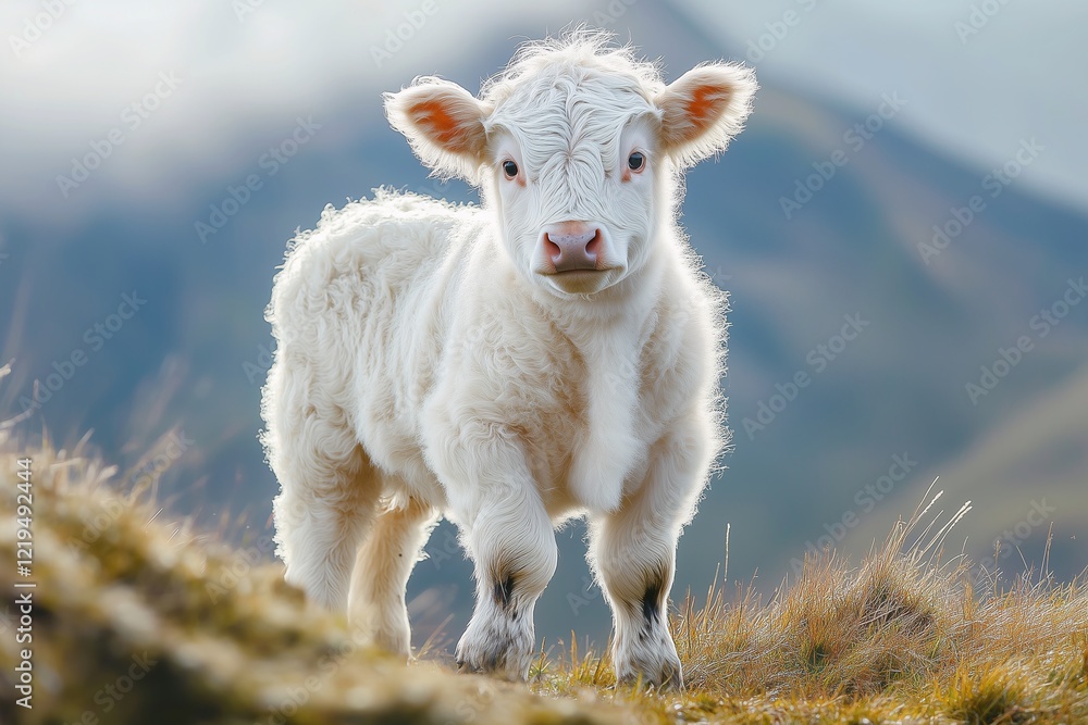 Fototapeta premium Cute white calf standing against a picturesque mountain landscape. Ideal for themes related to nature, agriculture, farming and wildlife.
