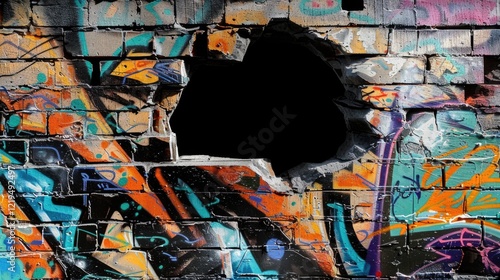 Wallpaper Mural Background with hole in colorful graffiti brick wall with vibrant street art design Torontodigital.ca