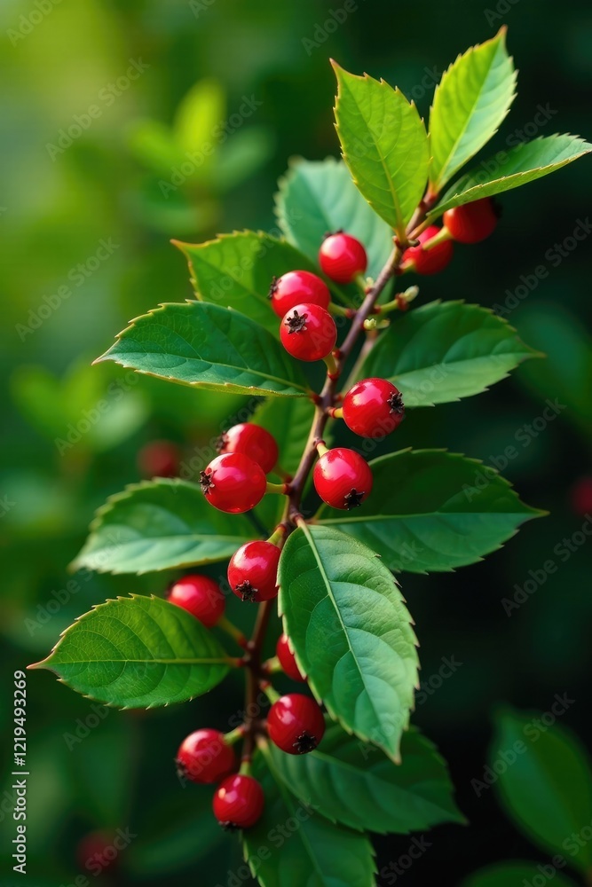 Green leaves and bright red berries on a stem, shrub, wild Green leaves and bright red berries on a stem, shrub, wild