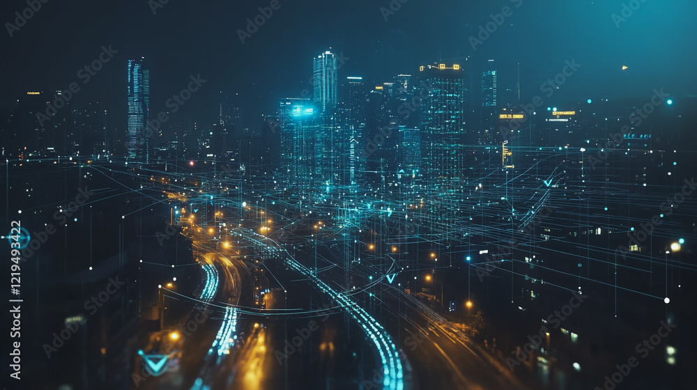 Fototapeta premium Smart digital Innovation city with connection network reciprocity over the twilight cityscape. of future smart wireless digital city and social media networking systems that connects people with city 