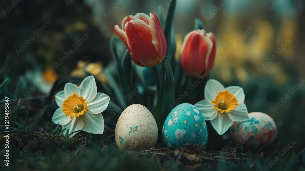 Three colorful eggs and two vibrant flowers nestled in the green grass, capturing the essence of Easter celebration. Three colorful eggs and two vibrant flowers nestled in the green grass, capturing the essence of Easter celebration.