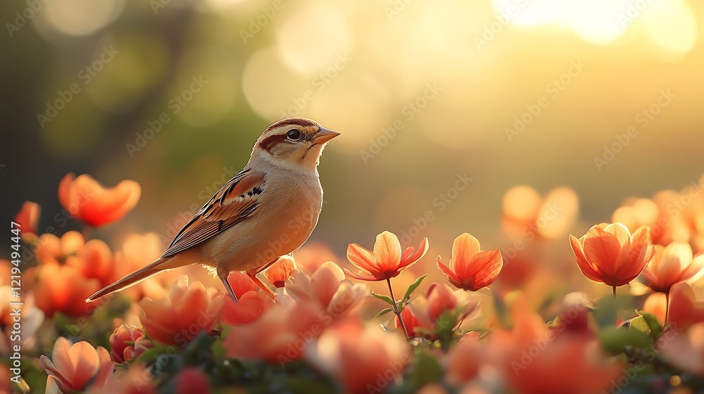 A sparrow darting between blooming flowers in a spring garden A sparrow darting between blooming flowers in a spring garden