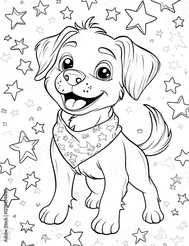 Happy puppy coloring page, stars background, kids activity
