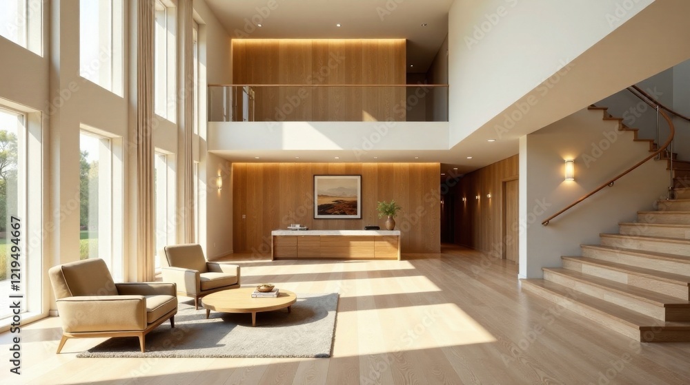 Fototapeta premium Sunlit Modern Home Interior with Oak Floors and a Grand Staircase