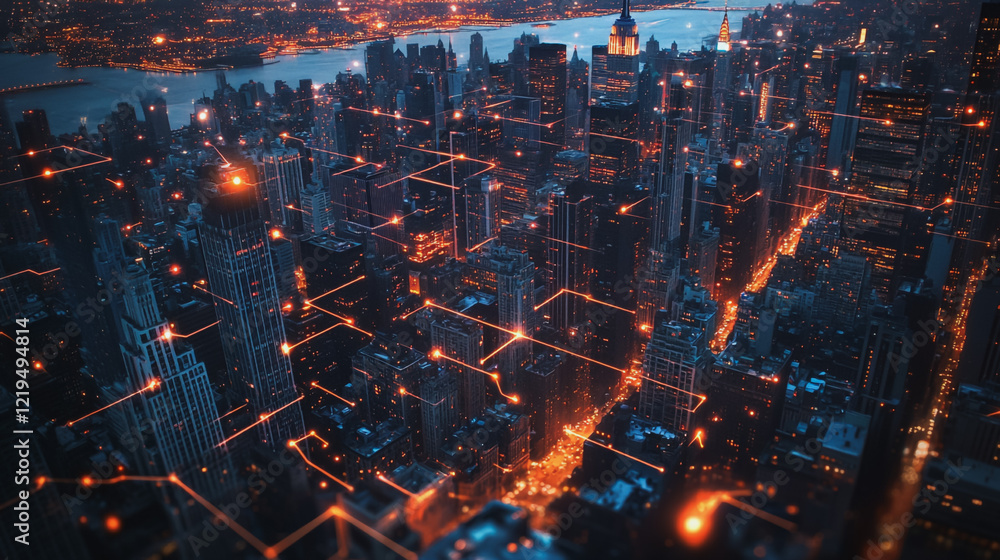 Fototapeta premium Smart digital Innovation city with connection network reciprocity over the twilight cityscape. of future smart wireless digital city and social media networking systems that connects people with city 