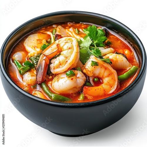 A bowl of spicy Korean jjampong with seafood, isolated on white