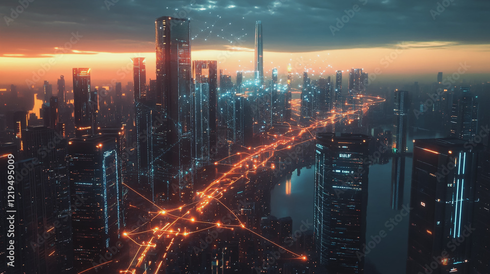 Fototapeta premium Smart digital Innovation city with connection network reciprocity over the twilight cityscape. of future smart wireless digital city and social media networking systems that connects people with city 