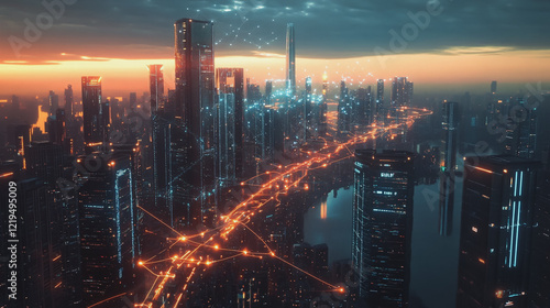 Wallpaper Mural Smart digital Innovation city with connection network reciprocity over the twilight cityscape. of future smart wireless digital city and social media networking systems that connects people with city
 Torontodigital.ca