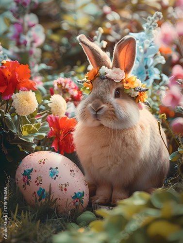 Adorable Rabbit Wearing Floral Crown in Serene Easter Garden