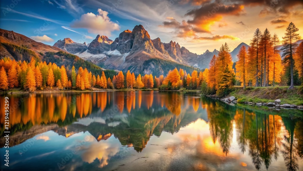 Fototapeta premium Stunning Autumn Sunset over Lake Federa, Dolomites Alps - Colorful Larch Trees & Majestic Mountains