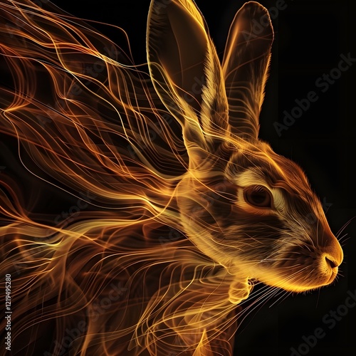 Ethereal Rabbit A Surreal Dynamic Display of Flowing Golden Lines and Energy