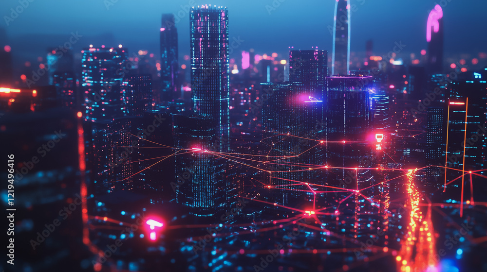 Obraz premium Smart digital Innovation city with connection network reciprocity over the twilight cityscape. of future smart wireless digital city and social media networking systems that connects people with city