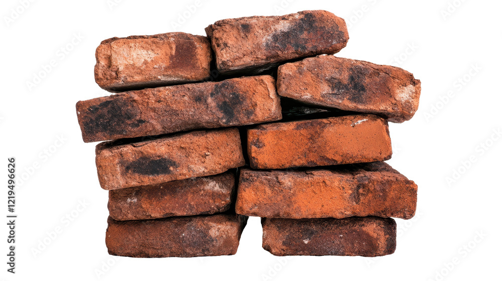 A stacked arrangement of aged, weathered red bricks displaying unique textures. transparent background A stacked arrangement of aged, weathered red bricks displaying unique textures. transparent background