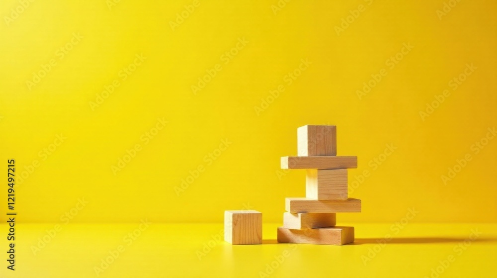 Simple Wooden Blocks Arranged on Yellow Background Showing Potential for Building and Growth Simple Wooden Blocks Arranged on Yellow Background Showing Potential for Building and Growth