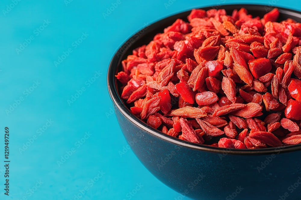 Natural goji berry snack. Bowl of vibrant goji berries on a blue background. Natural goji berry snack. Bowl of vibrant goji berries on a blue background.
