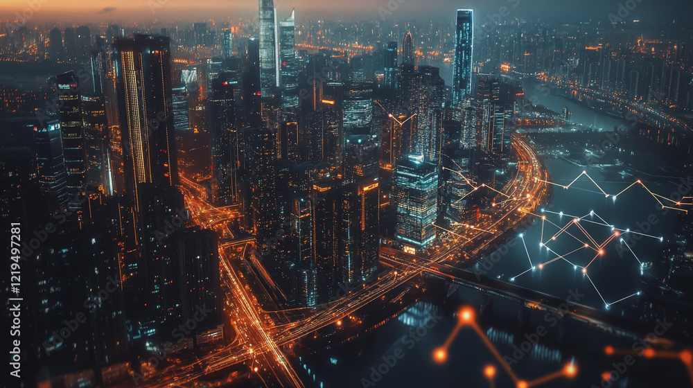 Fototapeta premium Smart digital Innovation city with connection network reciprocity over the twilight cityscape. of future smart wireless digital city and social media networking systems that connects people with city 