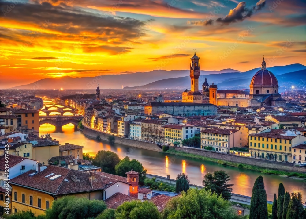 Fototapeta premium Stunning Florence Skyline Panorama, Tuscany, Italy: Breathtaking Cityscape at Sunset