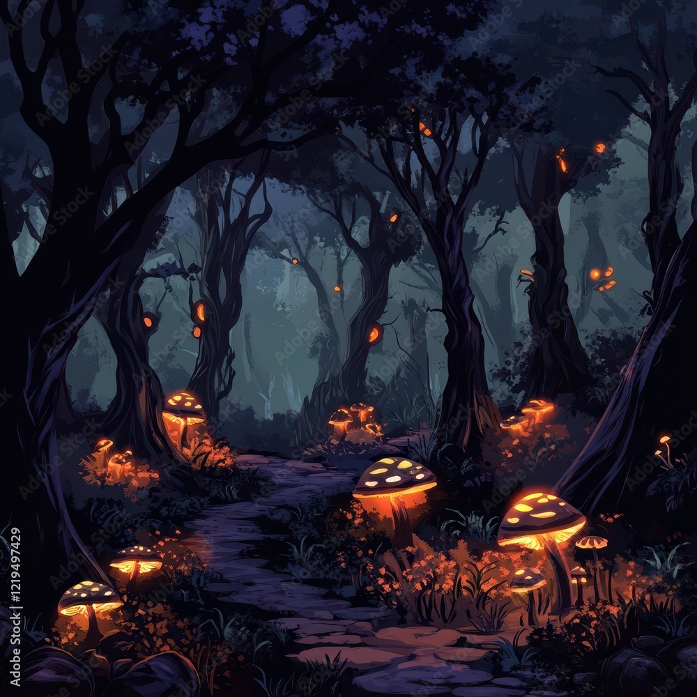 Glowing Mushrooms Illuminate A Dark Forest Path Glowing Mushrooms Illuminate A Dark Forest Path