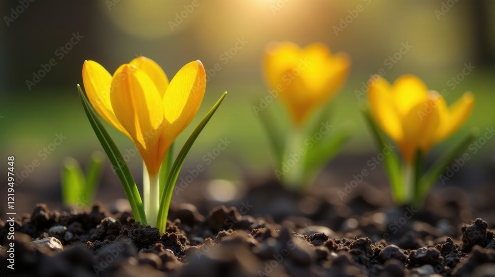 Golden Crocus Blossoms Emerging from Dark Soil in the Warm Sunlight of Spring Golden Crocus Blossoms Emerging from Dark Soil in the Warm Sunlight of Spring