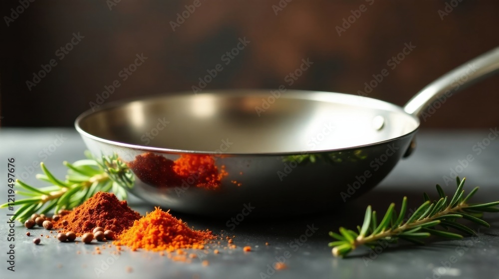 A gleaming metallic pan rests on a dark surface, surrounded by aromatic herbs and vibrant red and orange spices, hinting at culinary creativity and the anticipation of a delicious meal. A gleaming metallic pan rests on a dark surface, surrounded by aromatic herbs and vibrant red and orange spices, hinting at culinary creativity and the anticipation of a delicious meal.